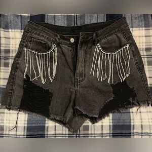 Stylish Black Denim Shorts with Rhinestone Fringe